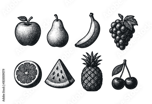 Fruits engraved icons : apple, pear, banana, and other healthy fruit illustrations — stock vector.