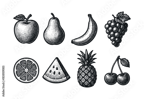 Fruits engraved icons : apple, pear, banana, and other healthy fruit illustrations — stock vector.