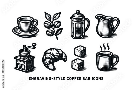Engraving-style coffee bar icons : coffee cup, french press, and other cafe elements — stock vector.