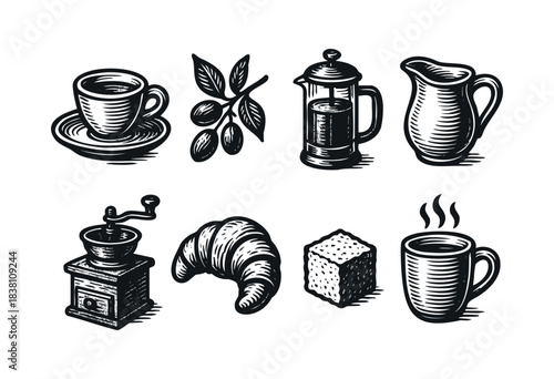 Engraving-style coffee bar icons : coffee cup, french press, and other cafe elements — stock vector.