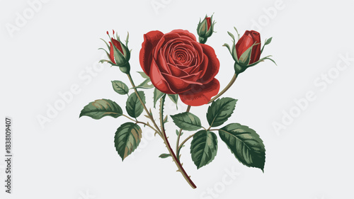 Detailed red rose with multiple buds botanical illustration