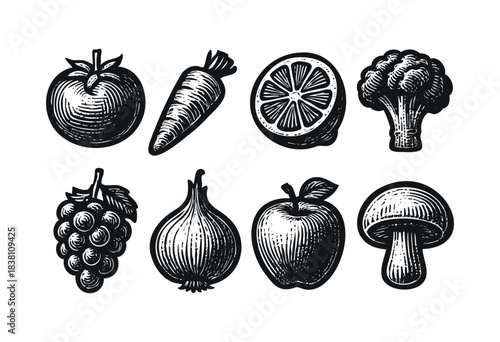 Fruits and vegetables engraved icons : tomato, carrot, and other healthy and organic produce — stock vector.