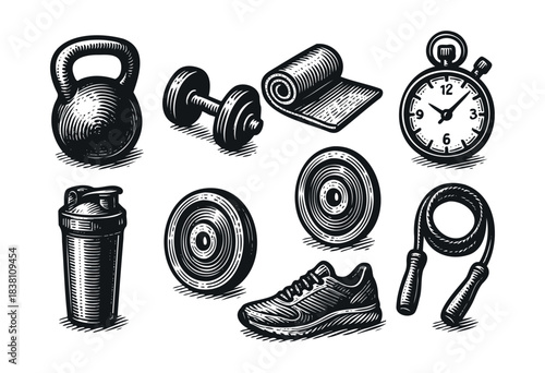 Fitness and gym engraved icons : kettlebell, dumbbell, and other workout equipment — stock vector.