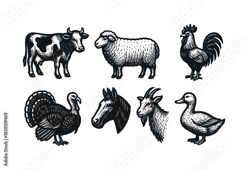 Farm animals engraved icons : cow, sheep, and other domestic livestock illustrations — stock vector.