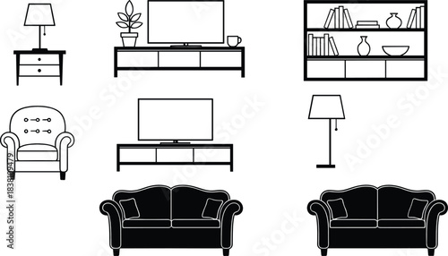 Living room furniture outline and silhouette set with sofa, armchair, TV stand, lamp, and shelving vector