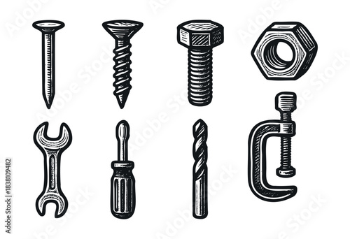 Hardware and tools engraved icons : screw, bolt, and other fasteners and workshop items — stock vector.
