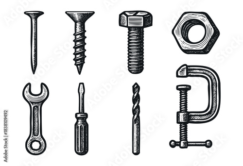 Hardware and tools engraved icons : screw, bolt, and other fasteners and workshop items — stock vector.