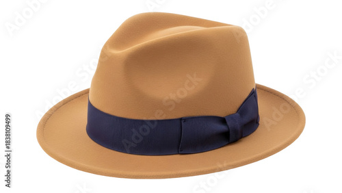 Isolated tan fedora hat with navy ribbon for men or women fashion in a studio setting