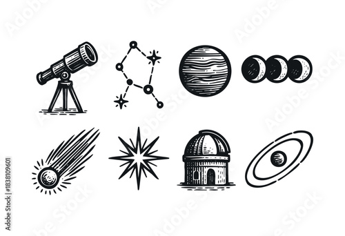 Astronomy engraved icons : telescope, constellation, and other celestial and space symbols — stock vector.