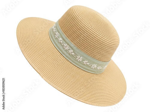 Isolated straw sun hat with flower detail for beach vacation and summer fashion style