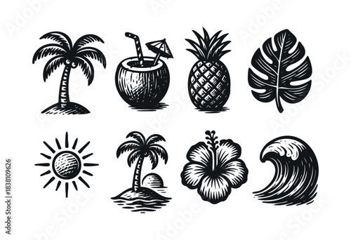 Tropical summer engraved icons : palm tree, coconut cocktail, and other beach and vacation symbols — stock vector.