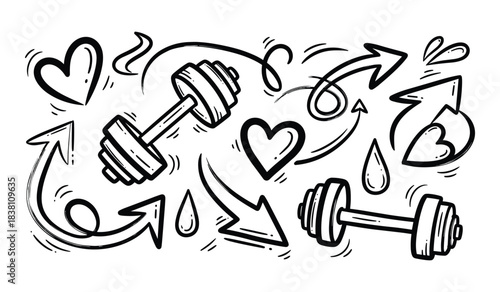 Hand Drawn Fitness Icons and Arrows Doodle Collection workout health