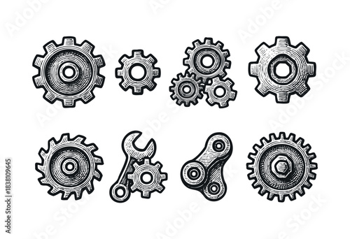 Gears and cogs engraved icons : various mechanical and industrial machine parts — stock vector.