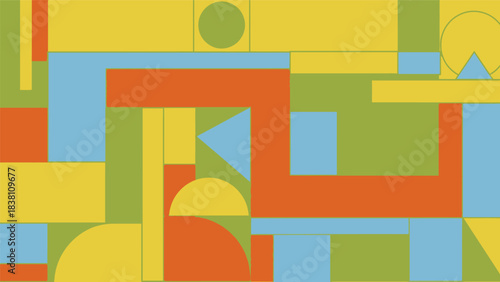 Colorful geometric composition with vibrant shapes evoking a sense of modern playfulness