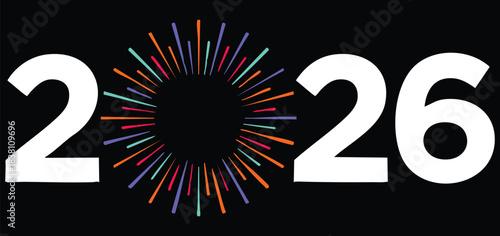 Year 2026 text with colorful starburst graphic representing new beginnings and celebration on black background