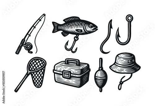 Fishing engraved icons : fishing rod, lure, and other angling and hobby equipment — stock vector.