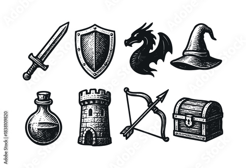 Fantasy RPG engraved icons : sword, dragon, and other medieval and magic game elements — stock vector.