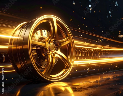 Golden wheel speeding w/light streaks, dark background