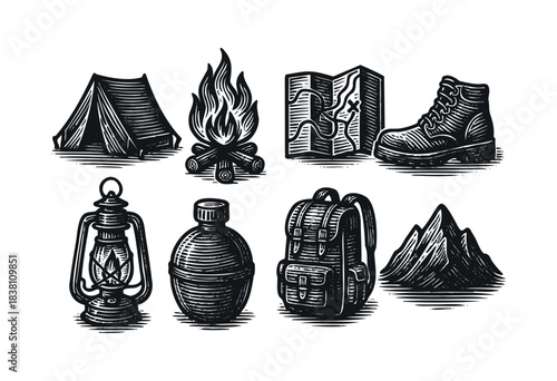 Hiking and camping engraved icons : tent, campfire, and other outdoor adventure gear — stock vector.