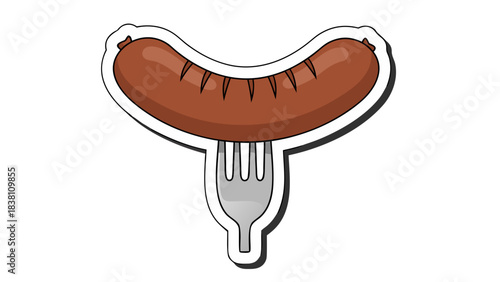 Grilled Sausage Impaled On A Fork With Black Background And White Border Detailed Food Illustration
