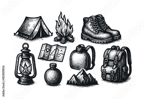 Hiking and camping engraved icons : tent, campfire, and other outdoor adventure gear — stock vector.