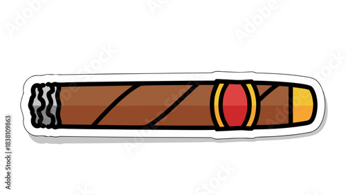 Hand Drawn Illustration Of A Cigar With A Red And Yellow Band Against A Black Background With A White Outline And Shadow