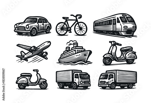 Transportation engraved icons : retro car, bicycle, and other classic and modern vehicles — stock vector.