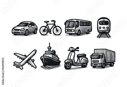 Transportation engraved icons : retro car, bicycle, and other classic and modern vehicles — stock vector.