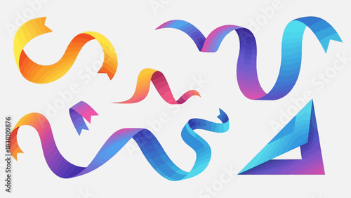 Colorful ribbons and triangular gradient shapes creating playful abstract decorations