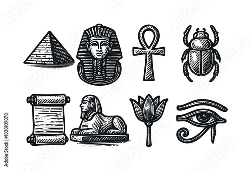 Ancient Egypt engraved icons : pyramid, pharaoh, and other historical and mythological symbols — stock vector.