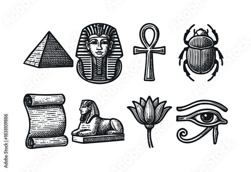 Ancient Egypt engraved icons : pyramid, pharaoh, and other historical and mythological symbols — stock vector.