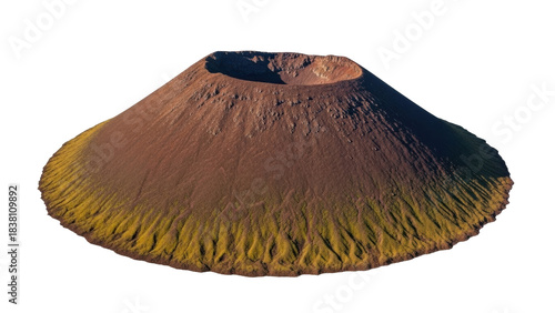 Isolated geological formation volcanic cone with caldera, aerial view, brown and green