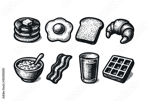 Breakfast food engraved icons : pancakes, fried egg, and other morning meal items — stock vector.