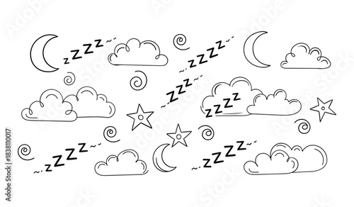 Hand Drawn Night Sky Elements with Moon, Clouds, Stars, and Zzz Symbols Keywords: abstract, art, background, bedtime, cloud, cosmic, dark, doodle, drawing, element, fantasy, graphic, hand drawn