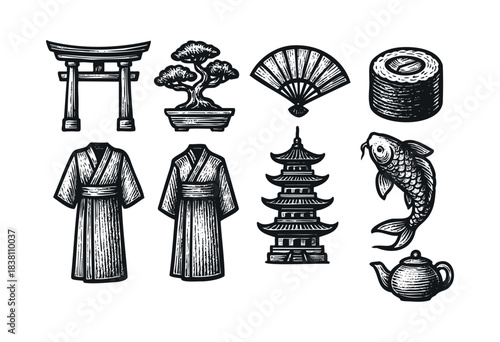 Japanese culture engraved icons : torii gate, kimono, and other traditional Japan symbols — stock vector.