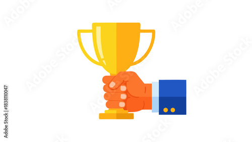 Golden Trophy Held By A Hand In A Blue Suit Against A Black Background Celebrating Victory And Achievement In A Competition Or Award Ceremony Representing Success And Excellence