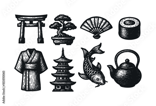 Japanese culture engraved icons : torii gate, kimono, and other traditional Japan symbols — stock vector.
