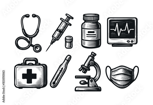 Medical engraved icons : stethoscope, syringe, and other healthcare and hospital equipment — stock vector.