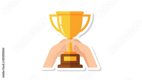 Golden Trophy Held Up By Two Hands With A Medal And Trophy Base Illuminated By Bright Studio Lighting On A White Isolated Background