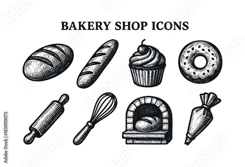 Bakery shop icons : bread, cupcake, and other pastry and baking tool illustrations — stock vector.