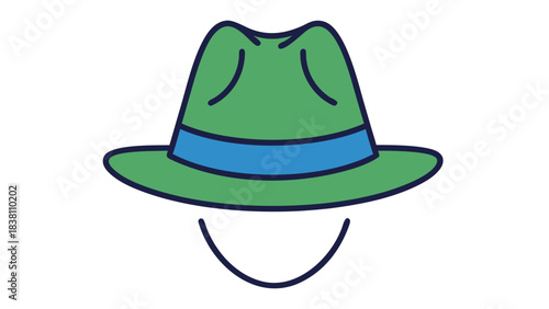 Green Fedora Hat With Blue Band On Black Background With Outline Of Head