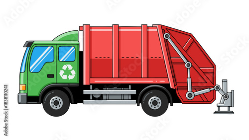 Green Garbage Truck With Red Compactor And Recycling Symbol On Side In A Simple Flat Design Isolated On Black Background