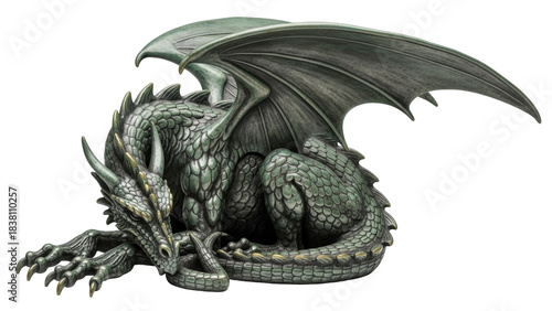 Isolated green dragon statue with detailed scales, curled tail, and spread wings fantasy decor