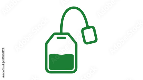 Green Outline Icon of a Tea Bag with String and Tag Filled with Green Liquid on a Black Background