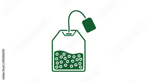 Green Outline of a Tea Bag with Tea Leaves Inside and String Hanging on a Black Background