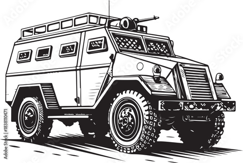 Armored vehicle, War, Military and Warfare Hand-drawn Sketch Drawing Vector Illustration, Line Linear Symbol Engraving Coloring Book, Black and White Isolated