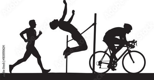 Silhouettes of athletes in running high jump and cycling