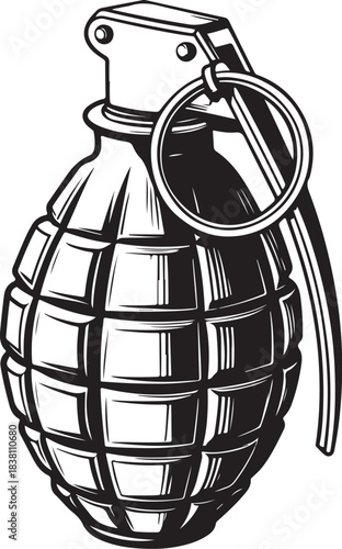 Grenade Weapon, War, Military and Warfare Hand-drawn Sketch Drawing Vector Illustration, Line Linear Symbol Engraving Coloring Book, Black and White Isolated