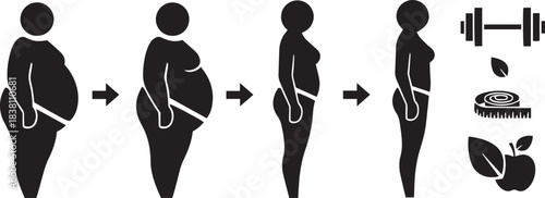 Stages of Weight Loss with Exercise and Healthy Diet Symbols