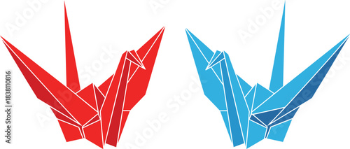 Origami paper crane bird set in red and blue, minimal geometric folded animal vector illustration
